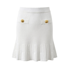 Round Neck Metal Buckle Slim Fit Knitted Top + Mini Skirt