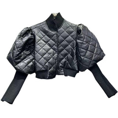 Versatile Bubble Sleeves Knitted Leather Jacket