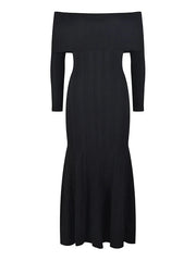 Off Shoulder Pleated Medium Strech Long Sleeve Knitted Dress