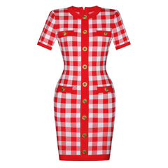 Plaid Short Sleeved Bodycon Knitted Dress