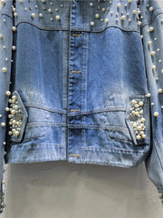 Full Pearl Long Sleeve Washed Denim Jacket