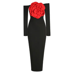Pre Order: Black 3D Flower Off Shoulder Long Dress