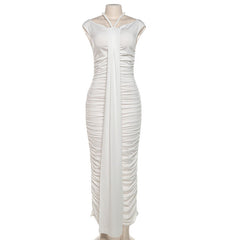 Pleated High Waist Slim Fit Wrapped Hip Maxi Dress