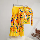 Retro Printed Pleated Slim Top Elastic Waist Set