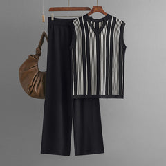 Striped V-Neck Vest Wide Leg Pants Knitted Set