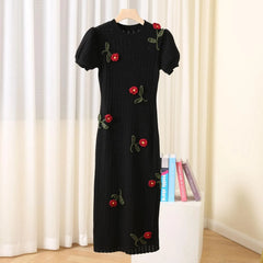 Pre Order: Black Floral Knitted Midi Dress
