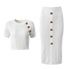 Gold Button Short Sleeve Knit Top + Pencil Skirt