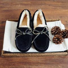 Cozy Slip On Bow-Knot Thick Wool Pea Lazy Winter Shoes