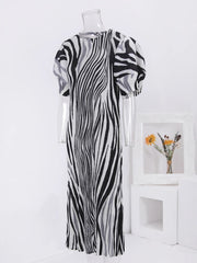 Puff Sleeve Animal Print Round Neck Pleated Dress