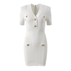 Metal Buckle V-Neck Slim Fit Solid Knit Dress