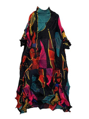 Color Block Turtleneck Long Pleated Dress