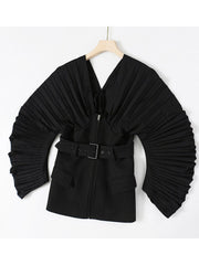 Pre Order: Black Pleated Belted Blazer