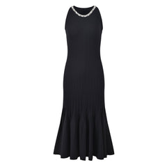 Diamond Studded Round Neck Fish Tail Knitted Dress