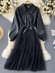 Mesh Stitching PU Jacket Dress