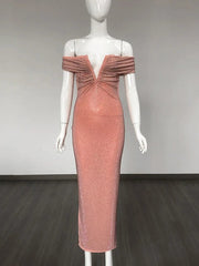 Solid Off Shoulder V-Neck Hot Diamond Bodycon Dress