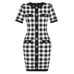 Plaid Short Sleeved Bodycon Knitted Dress