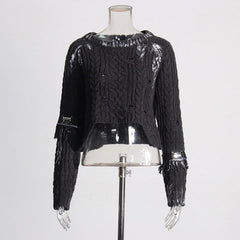 Pre Order: Belt Tassel Long Sleeve Knitted Cropped Sweater