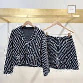 Retro Clover Jacquard Striped V-Neck Knitted Cardigan + Skirt Set