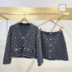 Retro Clover Jacquard Striped V-Neck Knitted Cardigan + Skirt Set