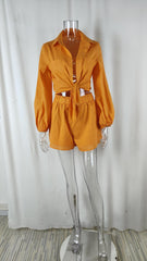 Solid Casual Lace Up Top + Shorts Set