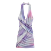 Wrinkle Mesh Bandage Halter Neck Mini Dress