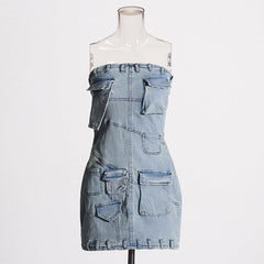 Multi Pocket Strapless Slim Fit Mini Denim Dress