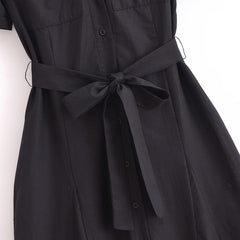 Pocket Lace Up Embroidery Midi Shirt dress