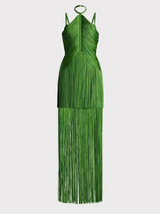 Green Halter Neck Fringe Tassel Dress
