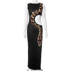 Waist Hollow Python Print Slim Fit Split Maxi Dress