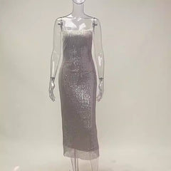 Silver Sequin Back Slit Slim Dress