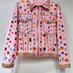 Rivet Beaded Diamond Pink Denim Loose Jacket