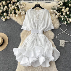 Solid Lace Up Waist Ruffled Hem Fluffy Dress