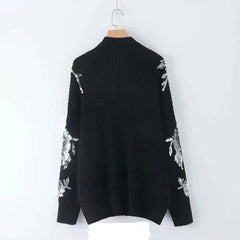 Sequined Flower Knitted Long Sleeved Sweater
