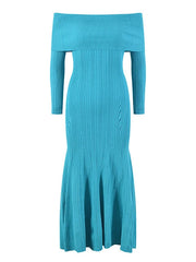 Off Shoulder Pleated Medium Strech Long Sleeve Knitted Dress