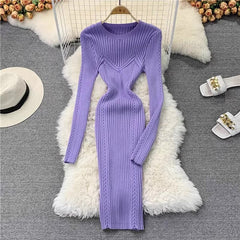Round Neck Tight Elastic Pleated Knitted Dress