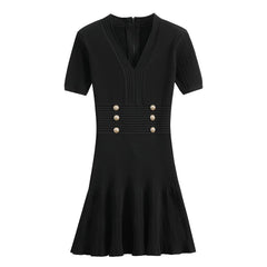 V-Neck Waist Cinched Knitted Dress