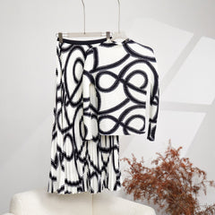 Vintage Geometric Printed Turtleneck Pleated Set