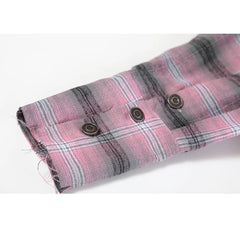 Pink Plaid Long Sleeve Loose V-Neck Top