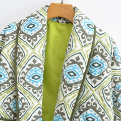 Green Paisley Flower Print Lapel Quilted Jacket