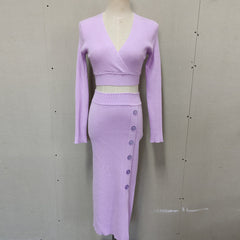 Long Sleeved V-Neck Cropped Top + Button Split Skirt Set