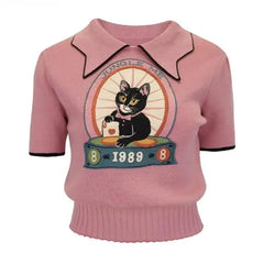 'Jungle Me' Cat Embroidery Short Sleeve Knitwear Top