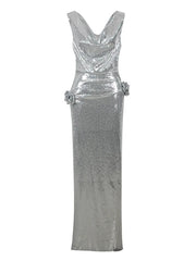 Silver Sequined 3D Flower High-Split Maxi Dress