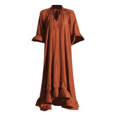 Deep V-Neck Patchwork Ruffles Spliced Lace Up Dress