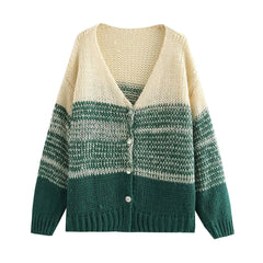 Color Block V-Neck Loose Fit Knitted Cardigan