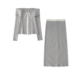 Striped Knitted Off Shoulder Top + Skirt