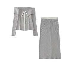 Striped Knitted Off Shoulder Top + Skirt