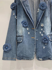 Vintage Spliced Flower Loose Denim Jacket