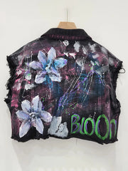Hand-Painted Graffiti Short Denim Vest