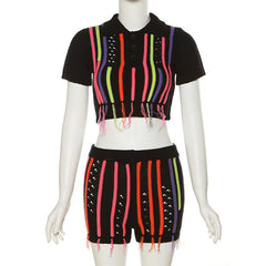 Sweet Knitted Embroidered Tassel Cropped Top + Shorts Set