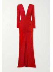 Pleated Deep V Long Sleeved Fishtail Pleated Dress